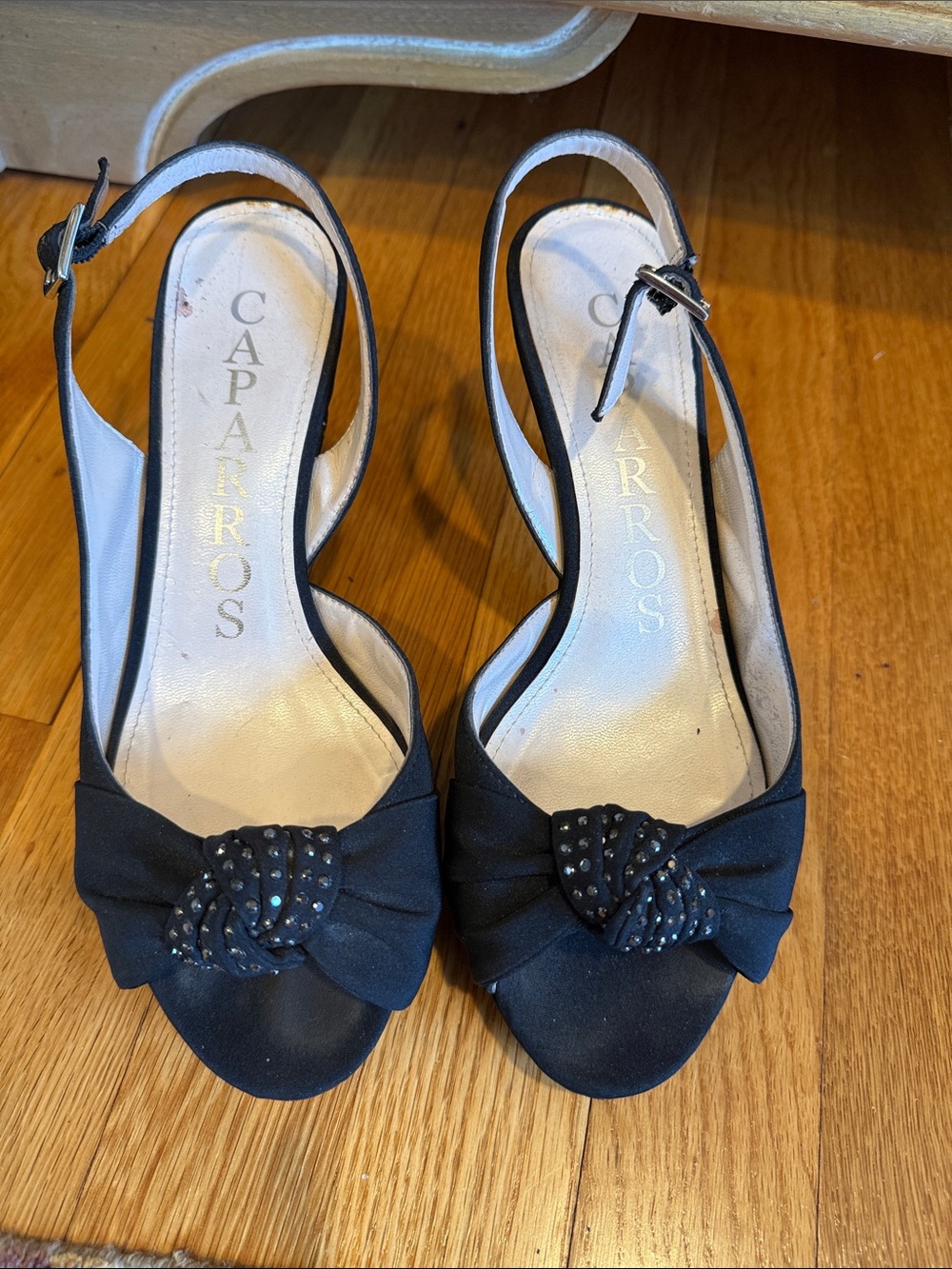 Caparros Black Slingback Peep-Toe Heels with Knotted Stud Accent